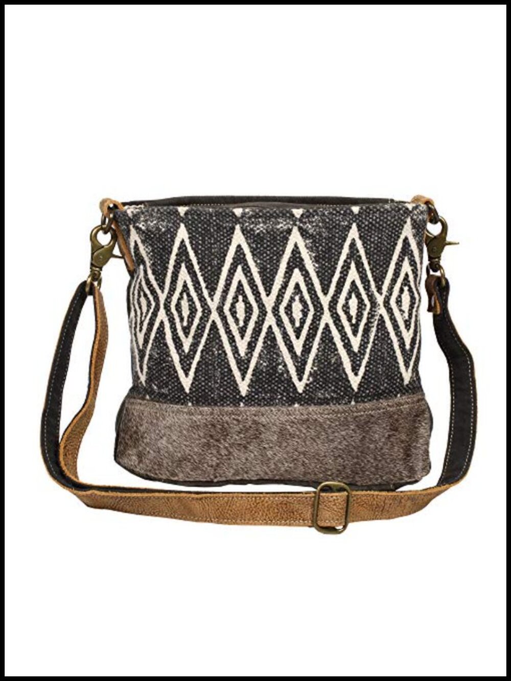 Canvas Shoulder Bag with Real Leather Detailing, Aztec Print Boho Handbag